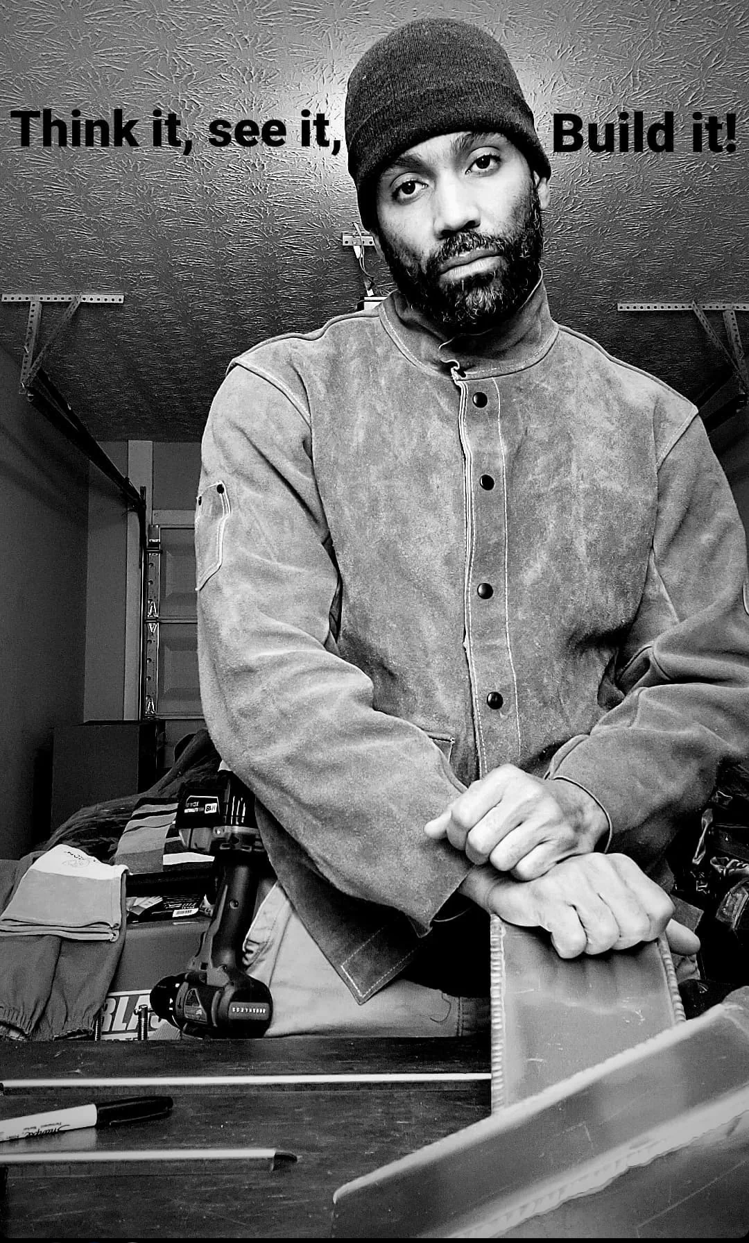 The Carchitect in a welding jacket in his fabrication shop