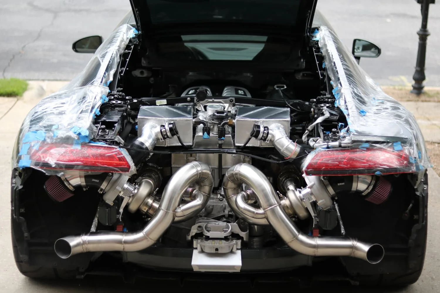 Custom twin turbo engine bay fabrication